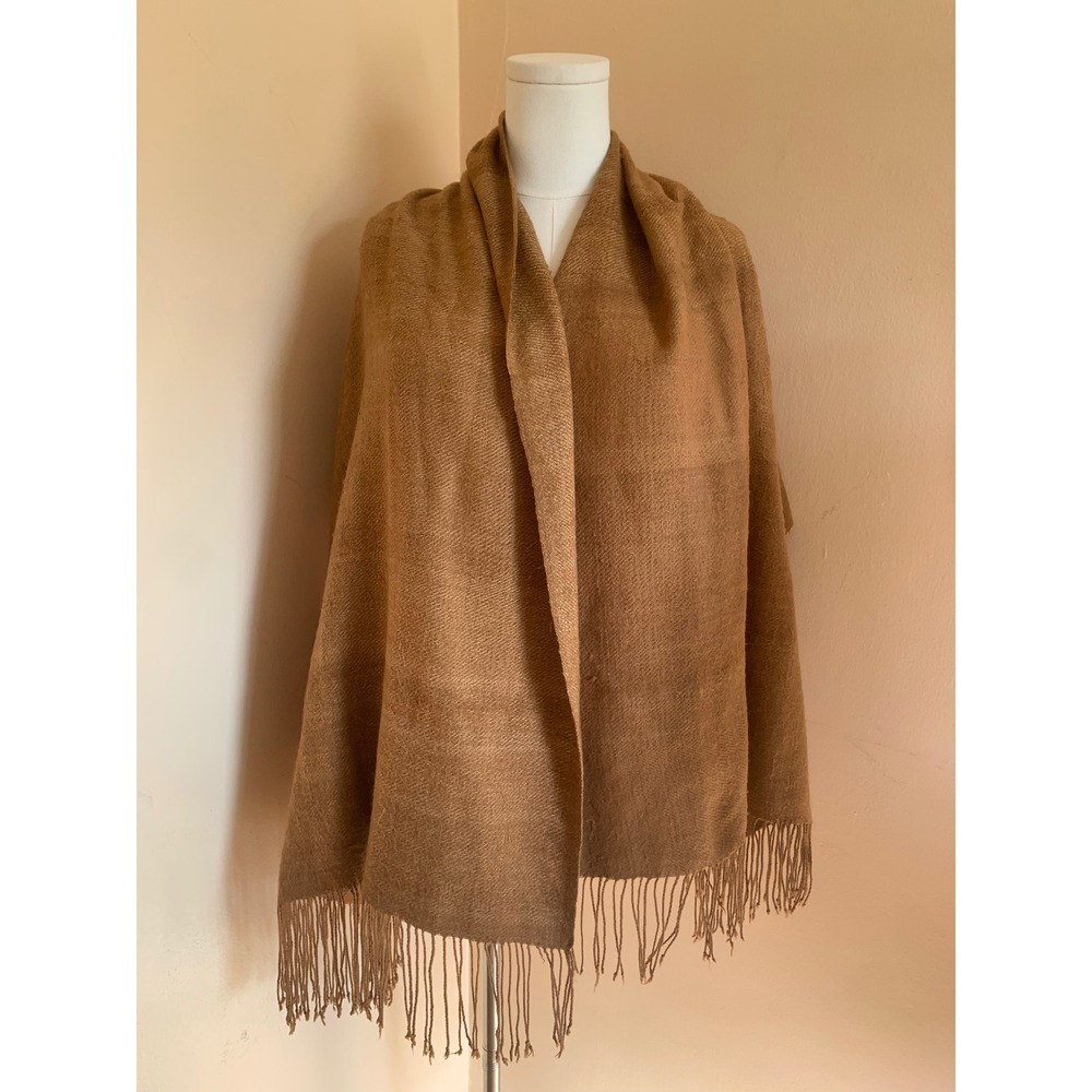 Large Handwoven Alpaca Wool Twist Fringe Shawl Wrap Scarf Camel Brown Natural